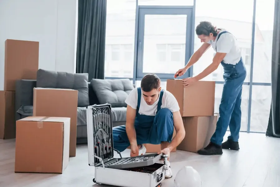 Two movers packing and taping boxes in a bright living room