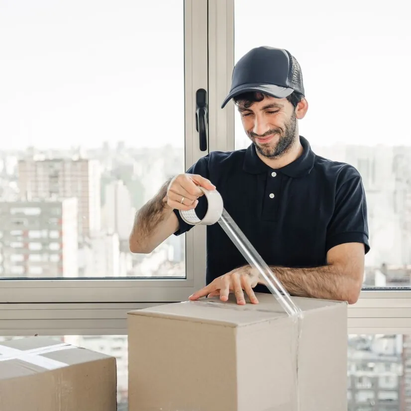 Smiling mover sealing a box with a tape dispenser by a window with a city view