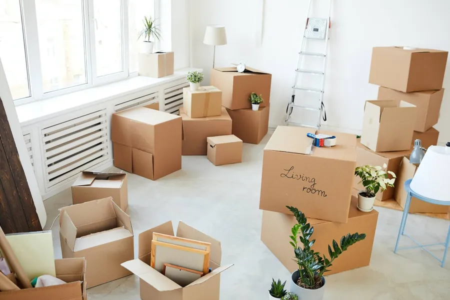 Living room full of labeled moving boxes
